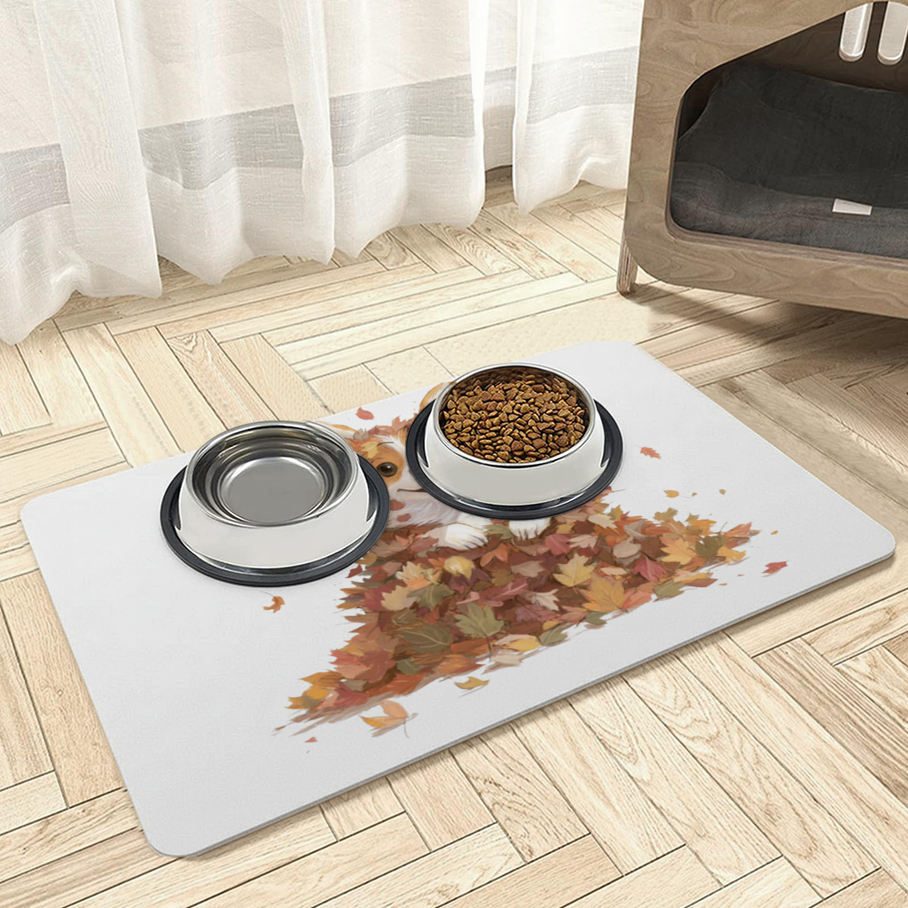 Happy Corgi Puppy in Fall Leaves Pet Feeding Mat