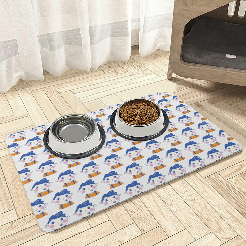Cute Smiling Boy with Blue Hair Pet Feeding Mat