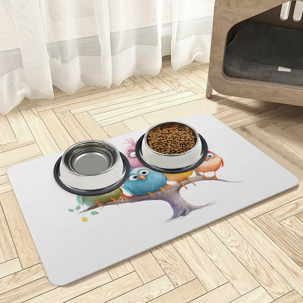 Whimsical Colorful Birds on Branch Pet Feeding Mat