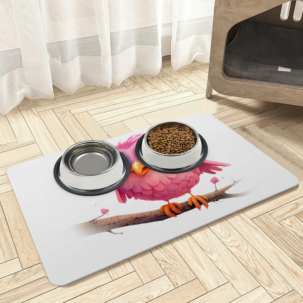 Cute Pink Bird with Large Blue Eyes Pet Feeding Mat