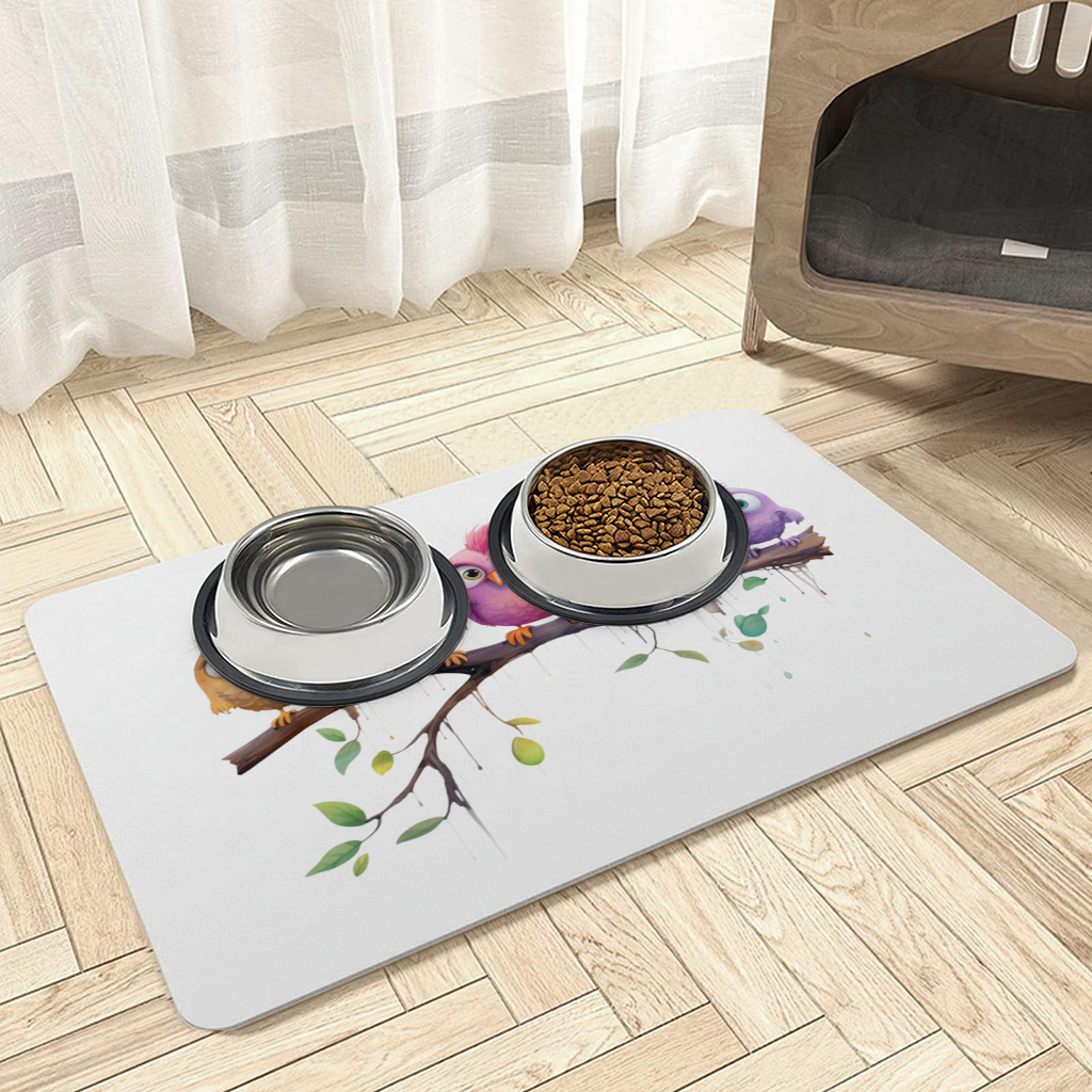 Five Colorful Kawaii Birds on Branch Pet Feeding Mat