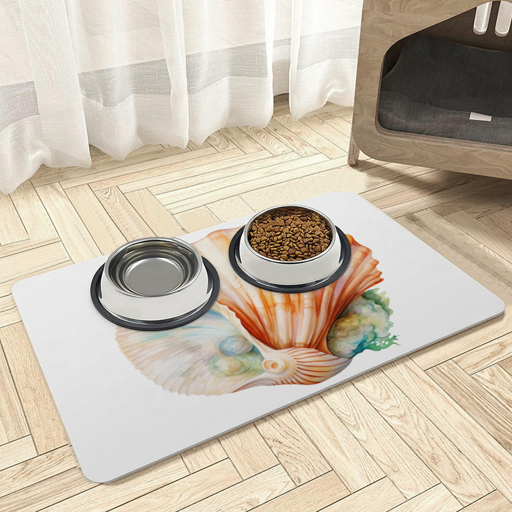 Iridescent Pearls in Orange Scallop Seashell Pet Feeding Mat