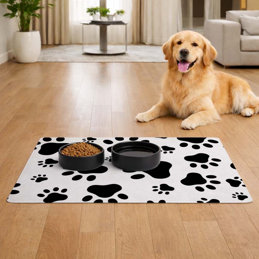 Black and White Paw Pattern Design Pet Feeding Mat