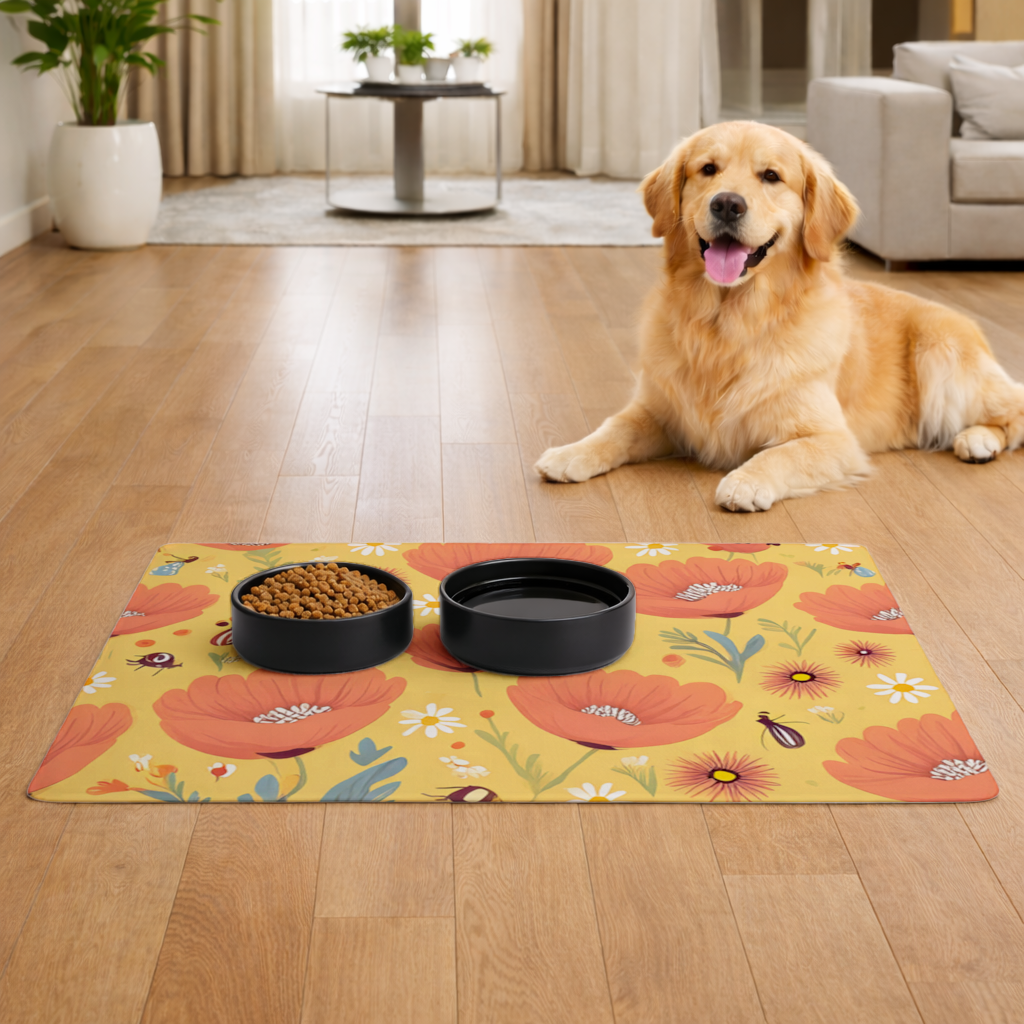 Floral Insect Pattern Colorful Design Pet Feeding Mat