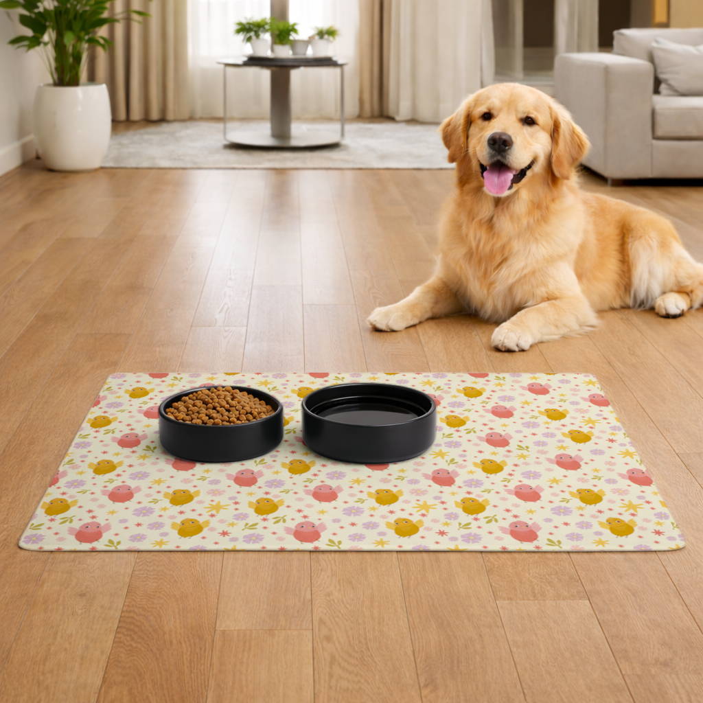 Cute Birds and Floral Pastel Spring Pattern Illustration Pet Feeding Mat