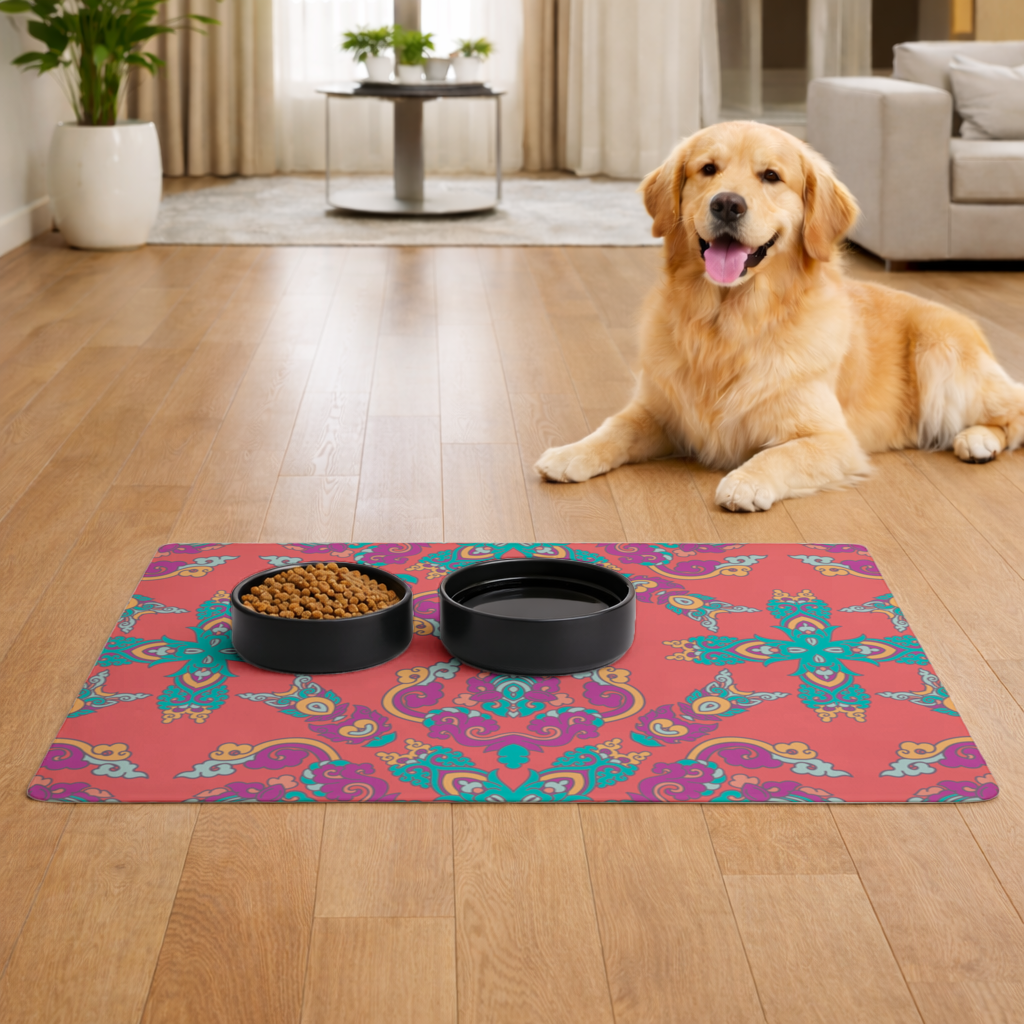 Canlı Kırmızı Zeminli Oryantal Mandala Deseni Evcil Hayvan Besleme Matı