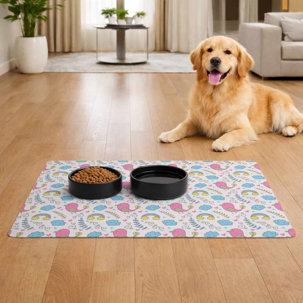 Cute Pink Bird and Rainbow Kids Pattern Pet Feeding Mat
