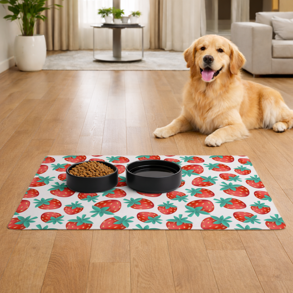 Vibrant Red Strawberry Summer Pattern Pet Feeding Mat