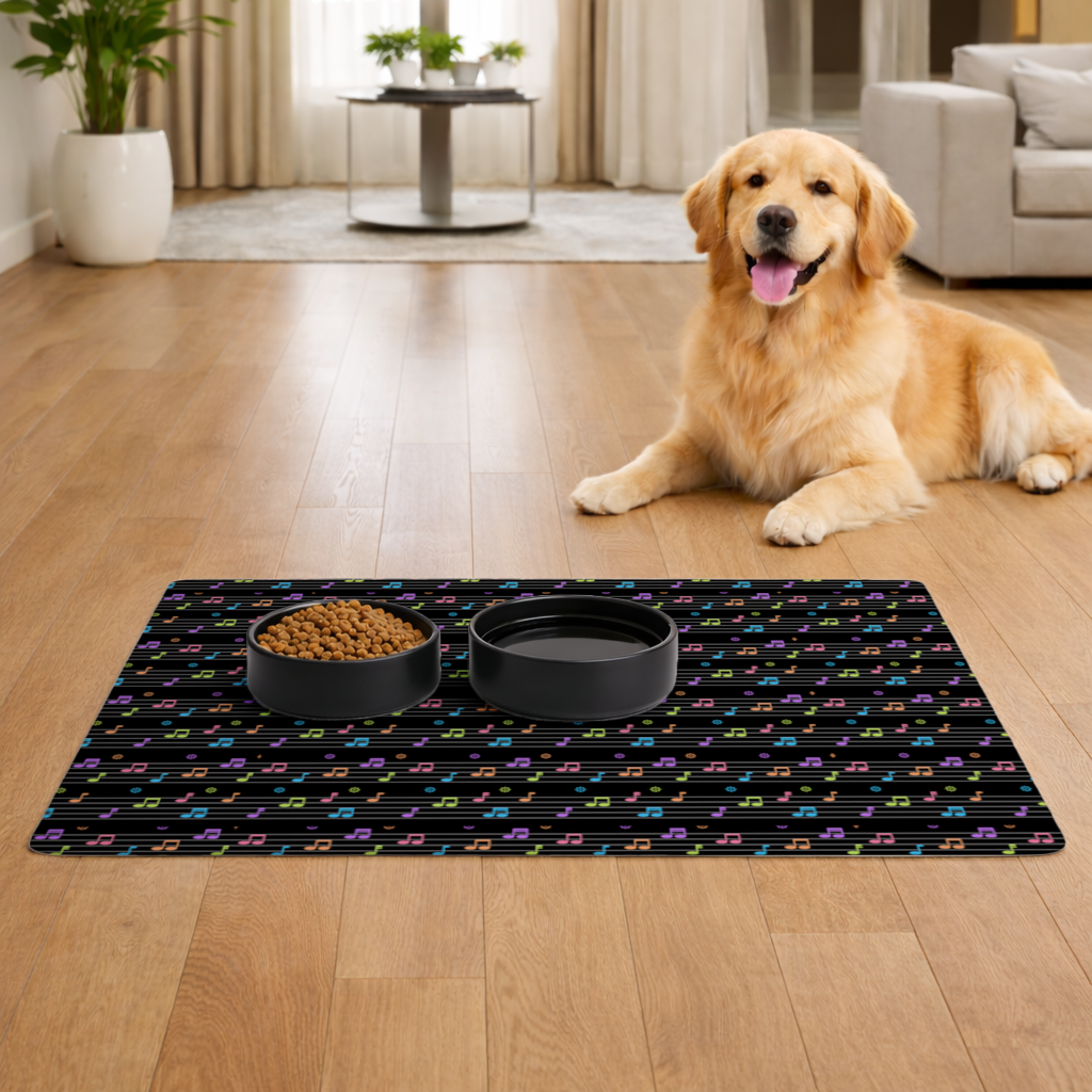 Vibrant Neon Music Notes and Rhythm Seamless Pattern Pet Feeding Mat