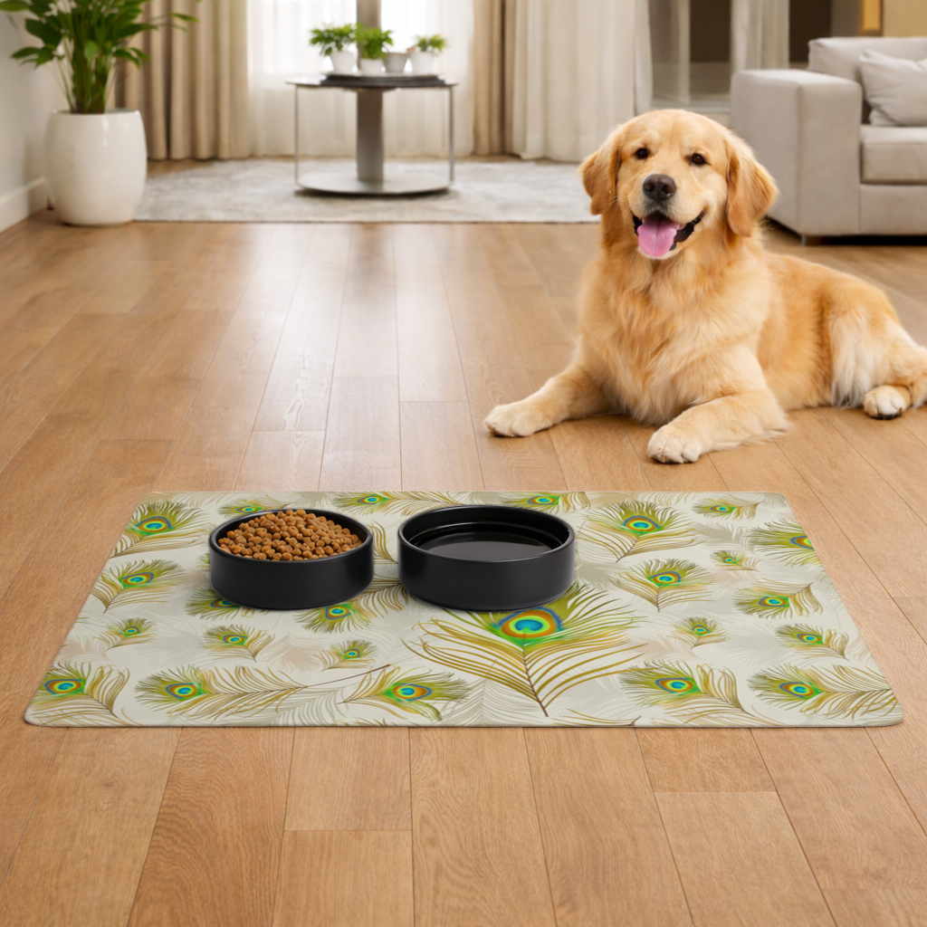 Elegant Peacock Feathers and Exotic Nature Seamless Pattern Pet Feeding Mat