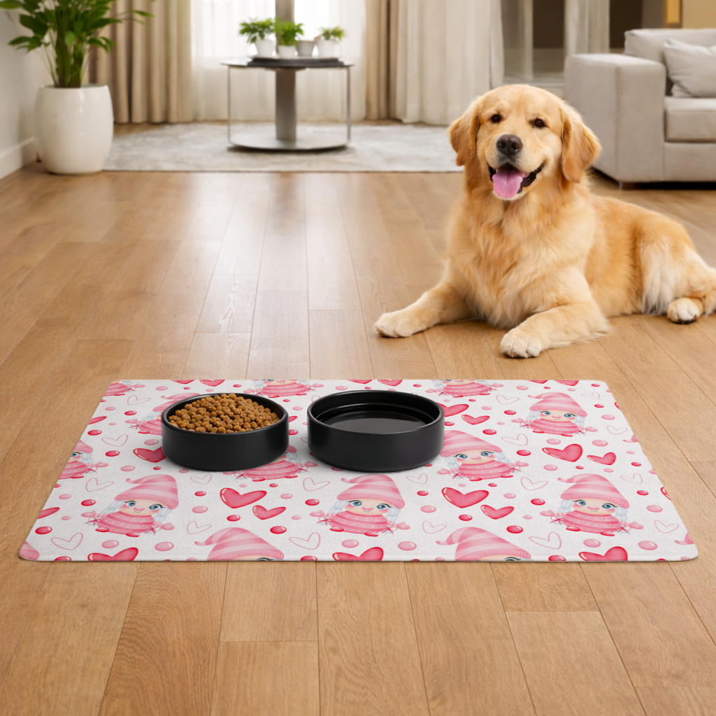 Cute Pink Baby Girl Valentines Day Heart Pattern Design Pet Feeding Mat