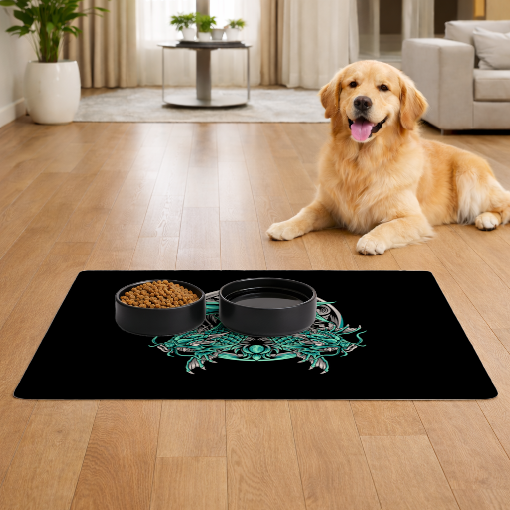 Turquoise Twin Dragon Emblem Design Pet Feeding Mat