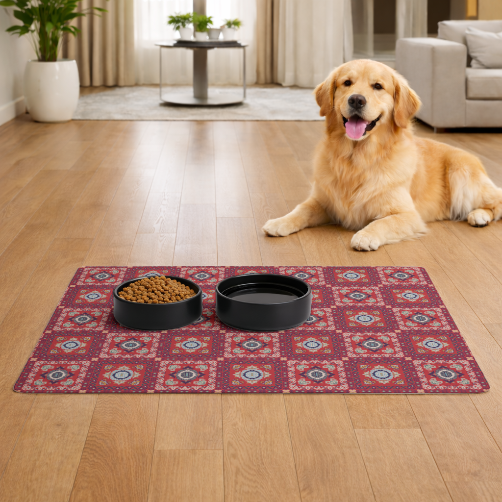Traditional Kilim Inspired Red Ethnic Geometric Pattern Pet Feeding Mat