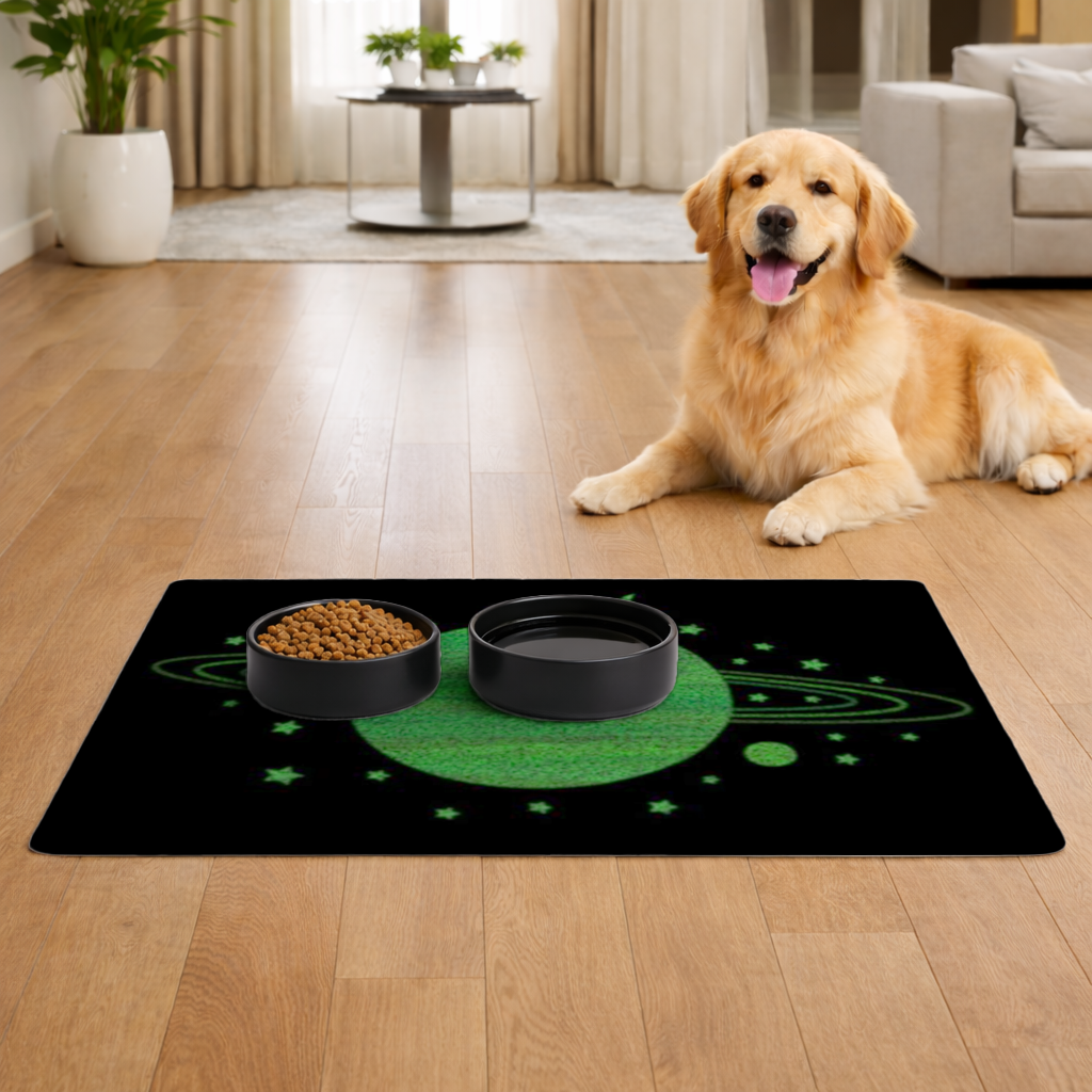 Green planets on a black background. Pet Feeding Mat