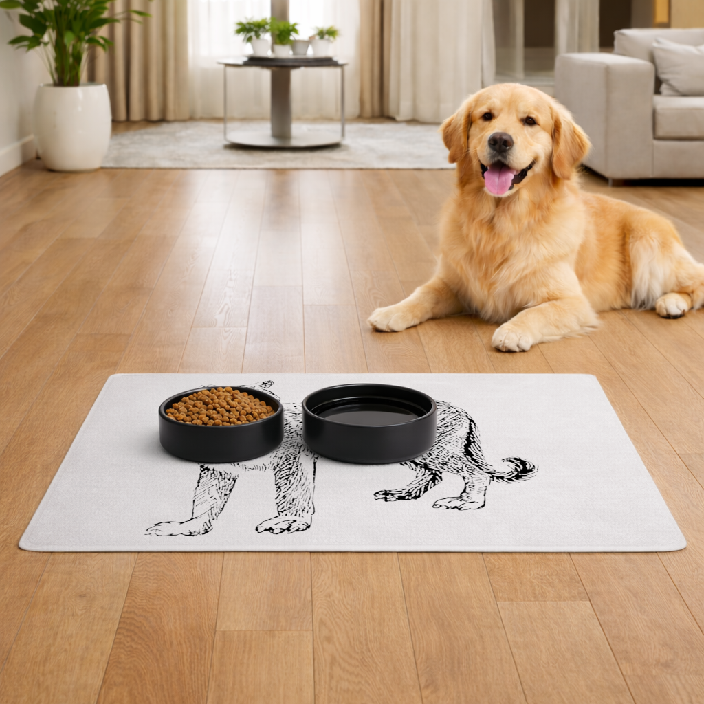 Black and White Wild Cat Sketch Illustration Pet Feeding Mat