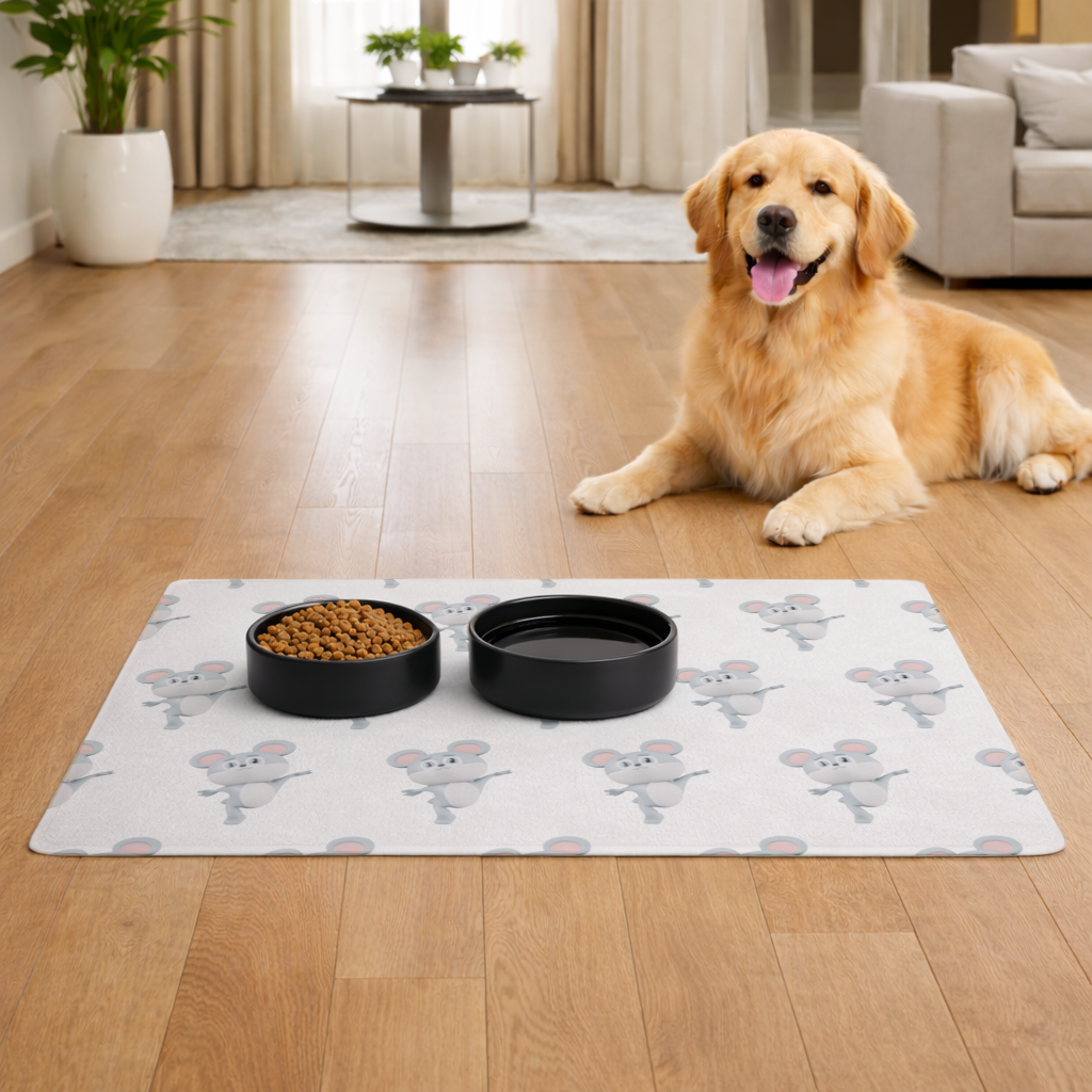 Dancing Cute Grey Mouse Character Pet Feeding Mat