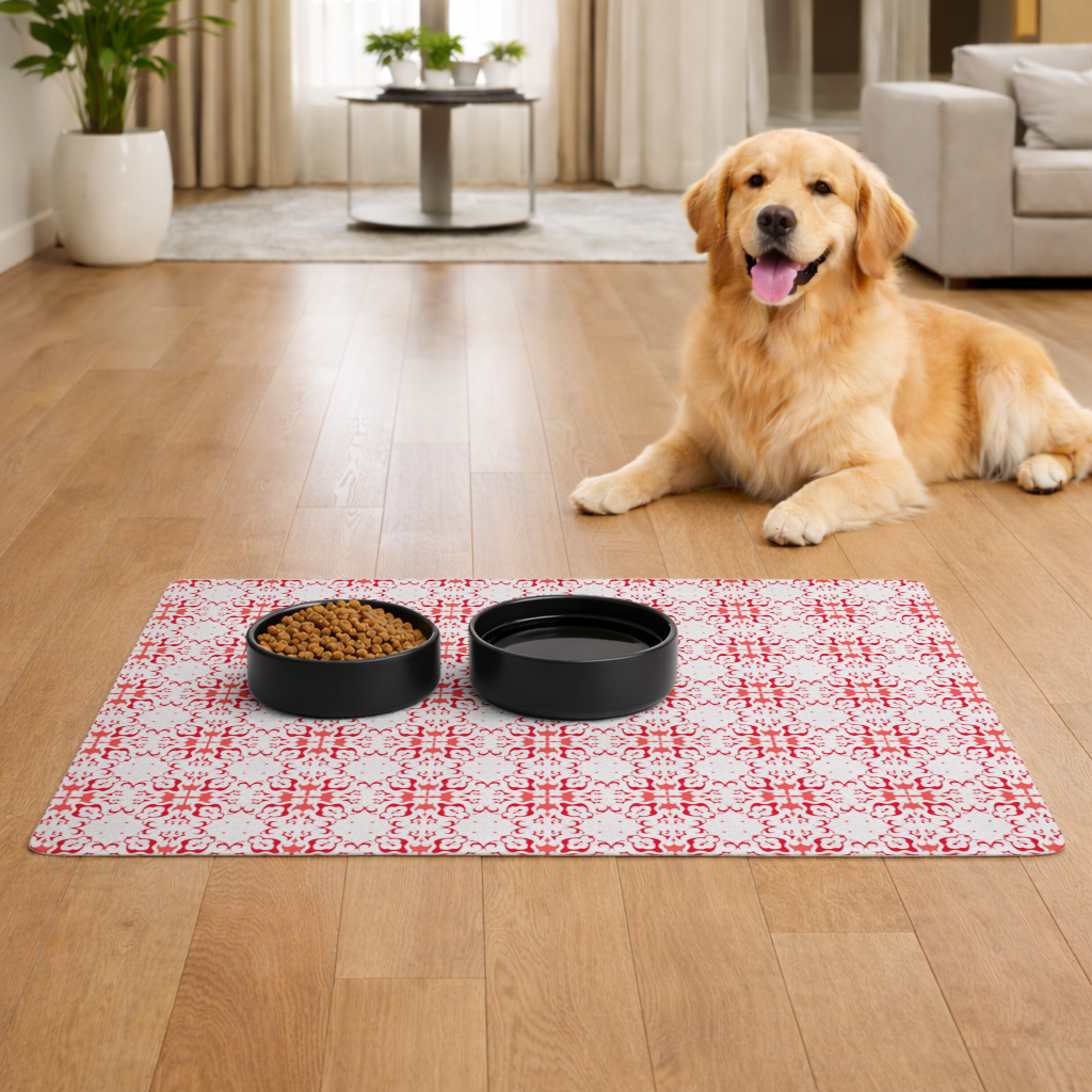Red and White Traditional Tile Style Pattern Pet Feeding Mat