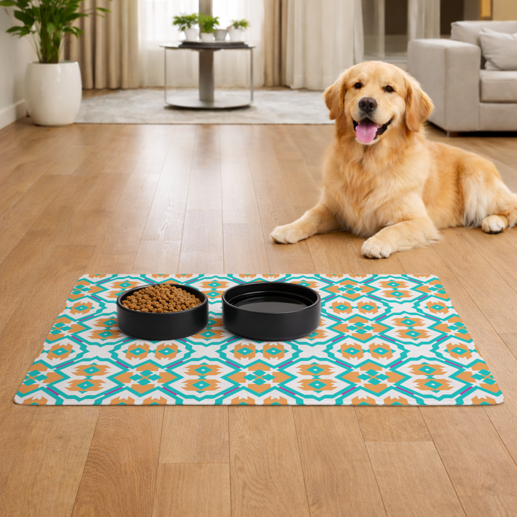 Orange and Turquoise Geometric Pattern Pet Feeding Mat
