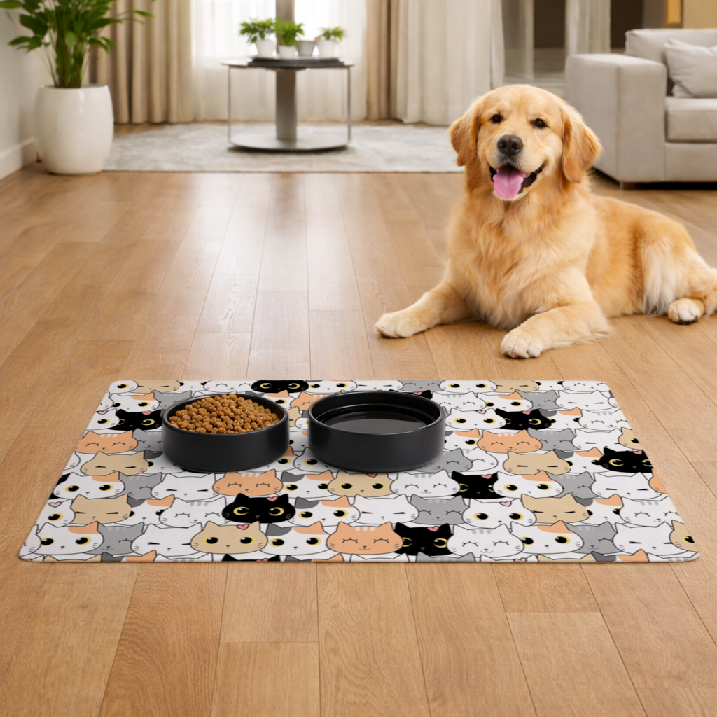 Colorful Cute Cat Faces Seamless Pattern Pet Feeding Mat