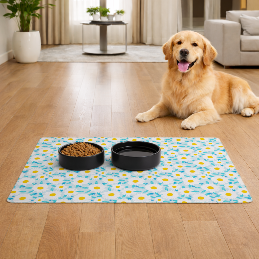 Daisy Garden and Turquoise Leaves Pattern Pet Feeding Mat