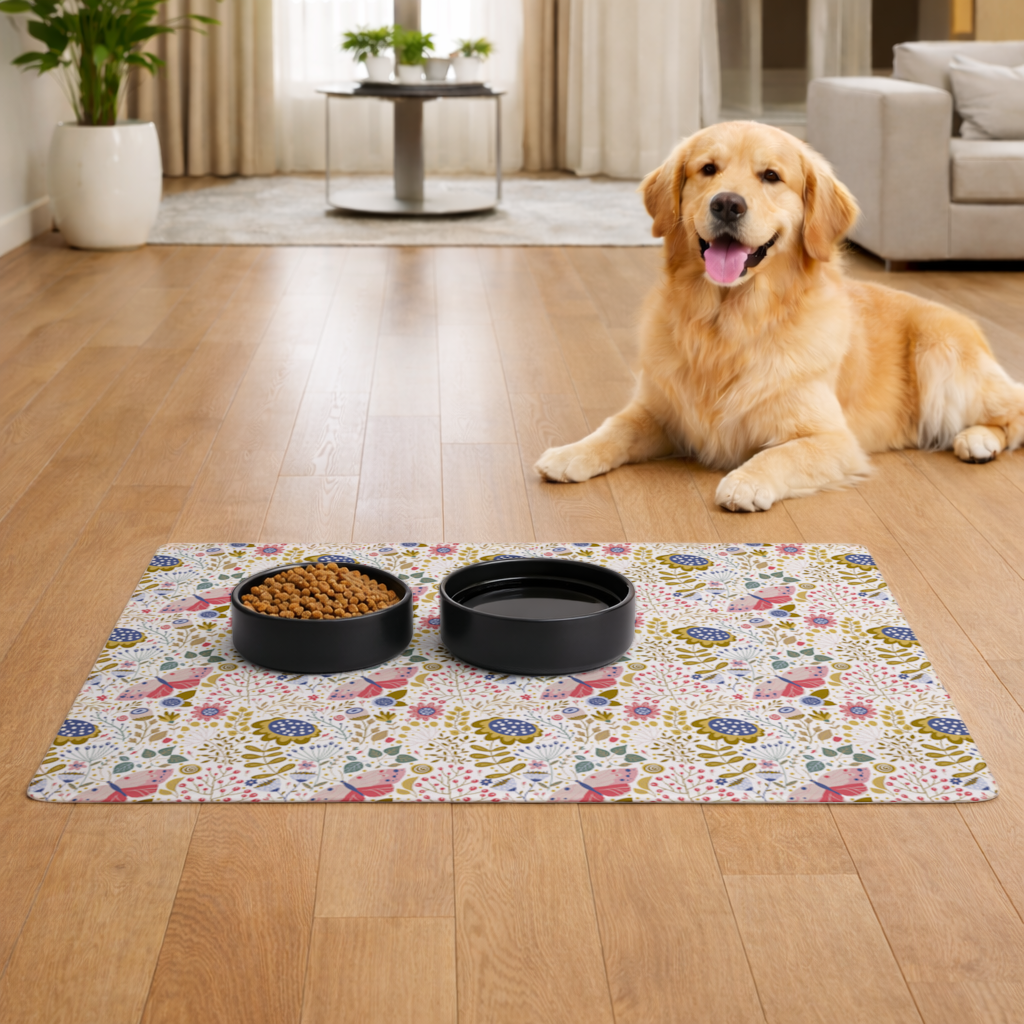 Folk Art Floral and Butterfly Pattern Pet Feeding Mat