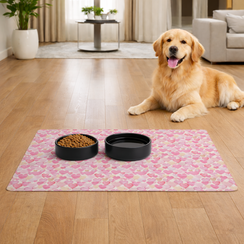 Watercolor Pink Hearts Pet Feeding Mat