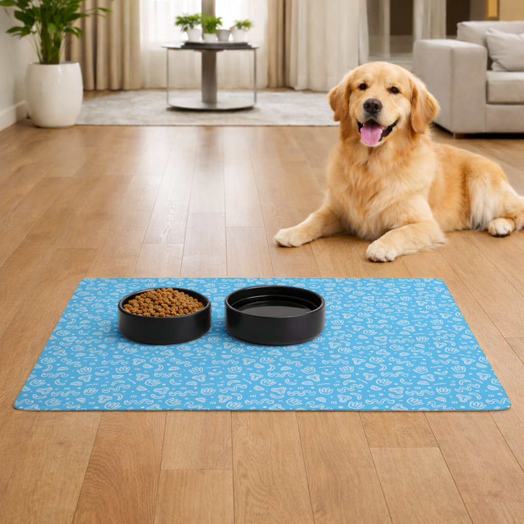 Blue Abstract Doodle Pet Feeding Mat