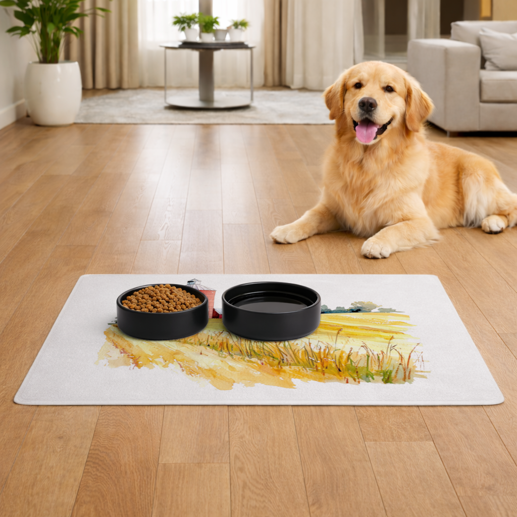 Red Farm Silo and Golden Wheat Field Pet Feeding Mat