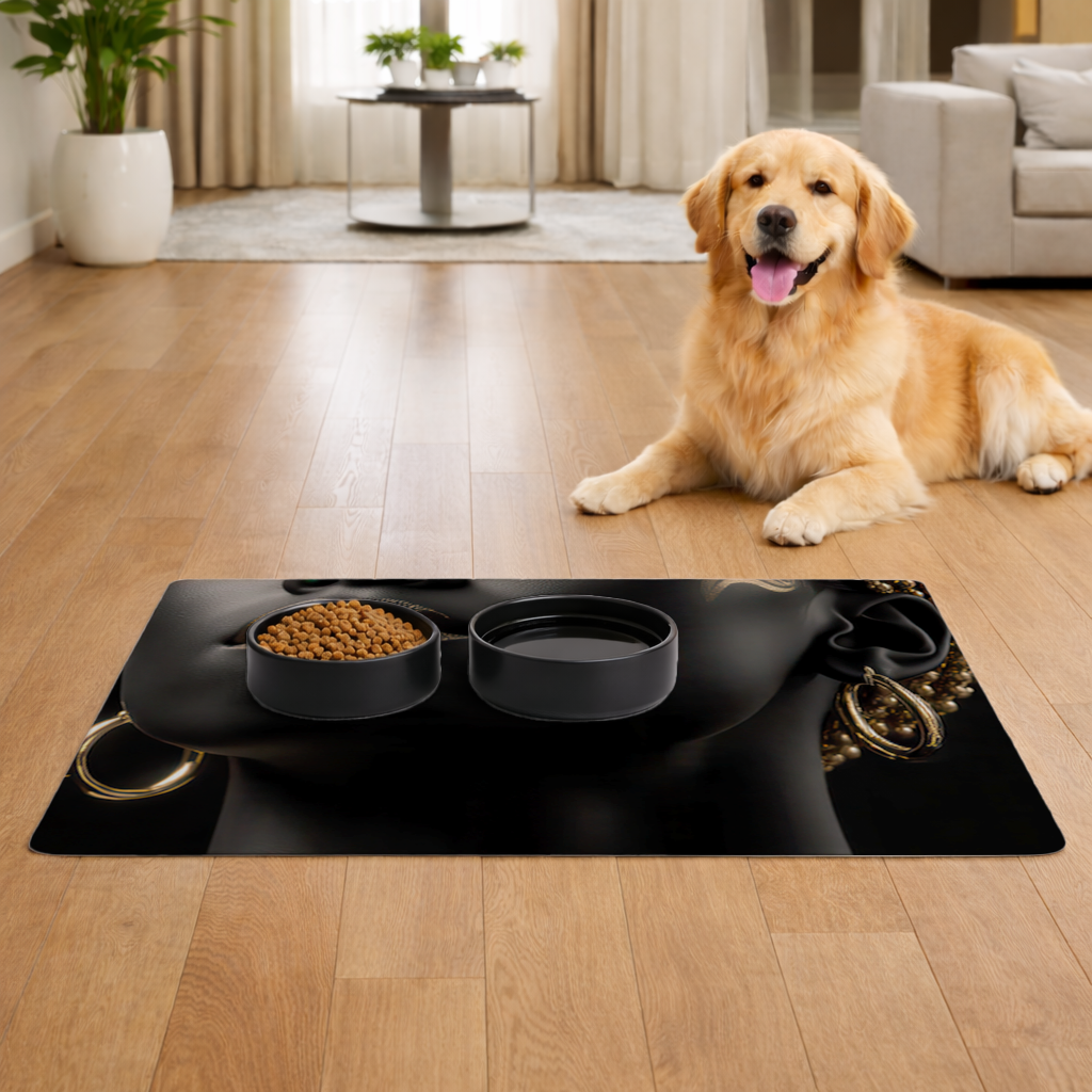 Gold Afrofuturistic Black Woman Pet Feeding Mat