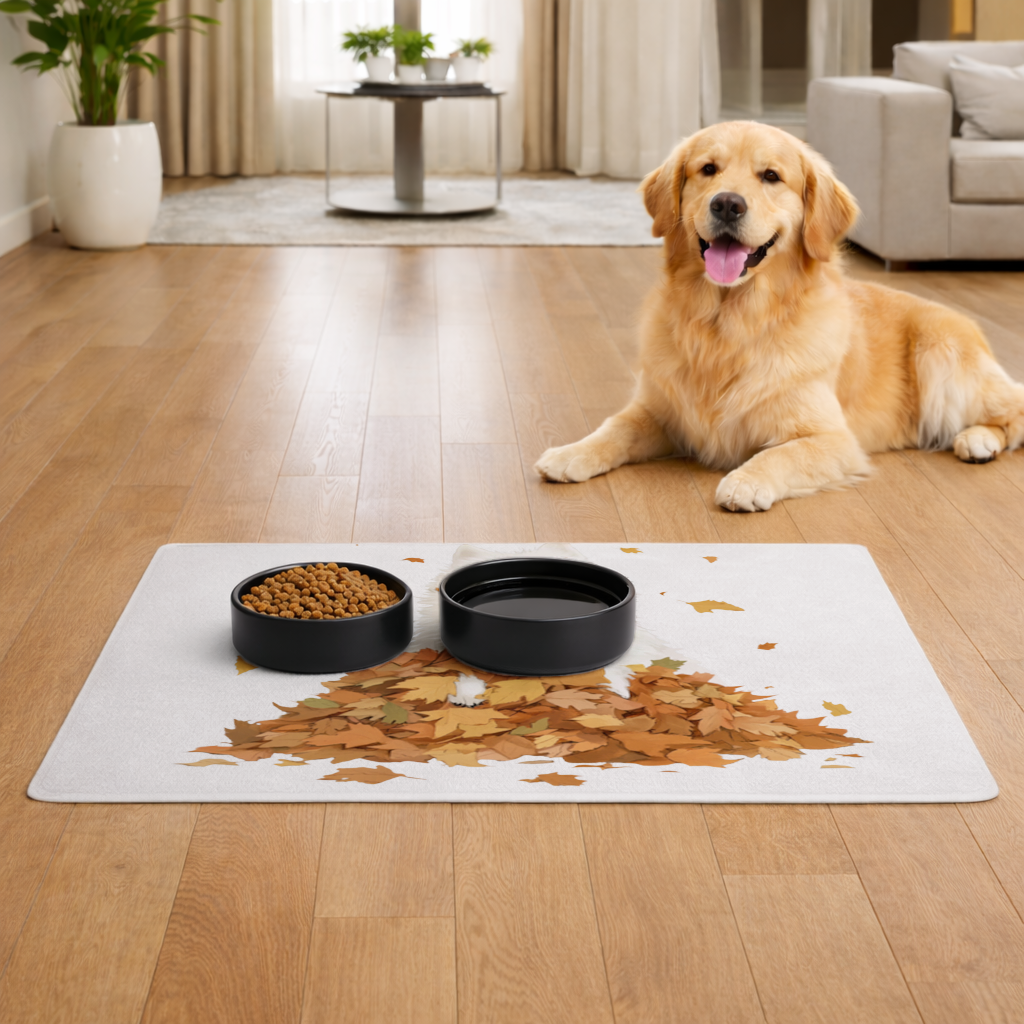 Happy White Dog in Autumn Leaves Pet Feeding Mat