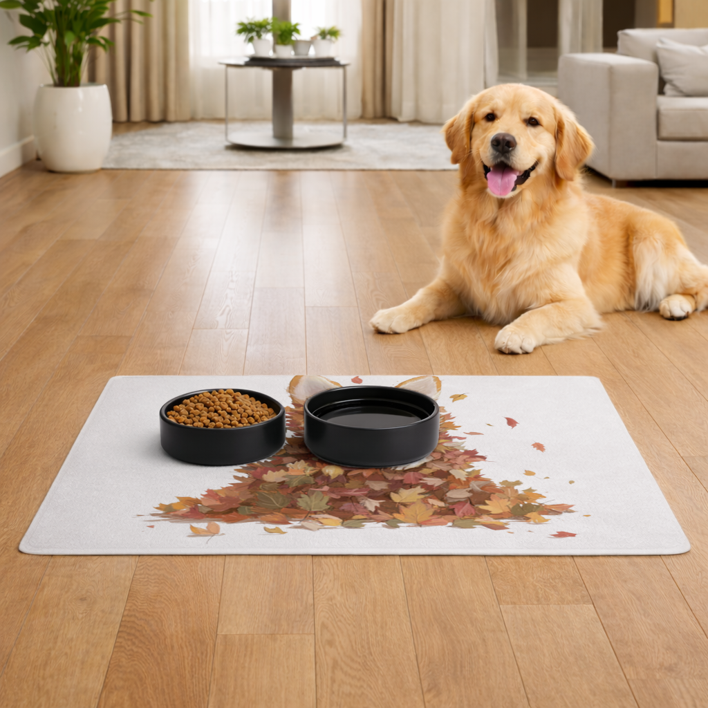 Sonbahar Yaprakları İçinde Mutlu Corgi Evcil Hayvan Besleme Matı