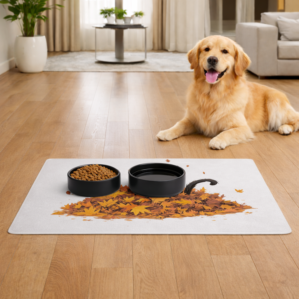 Sonbahar Yapraklarında Sevimli Siyah Kedi Evcil Hayvan Besleme Matı