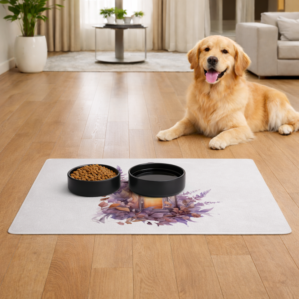 Cottagecore Lavender and Leaves Lantern Pet Feeding Mat
