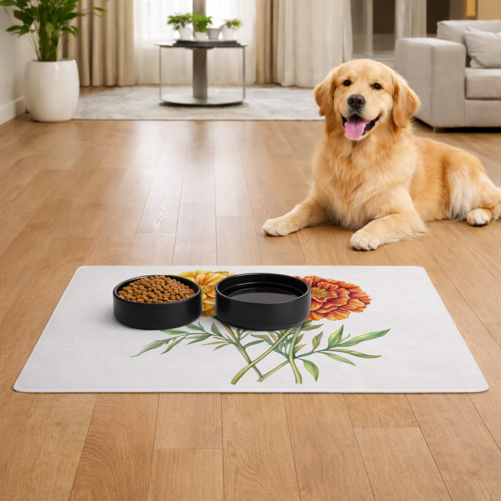 Botanical Yellow Orange Marigold Pet Feeding Mat