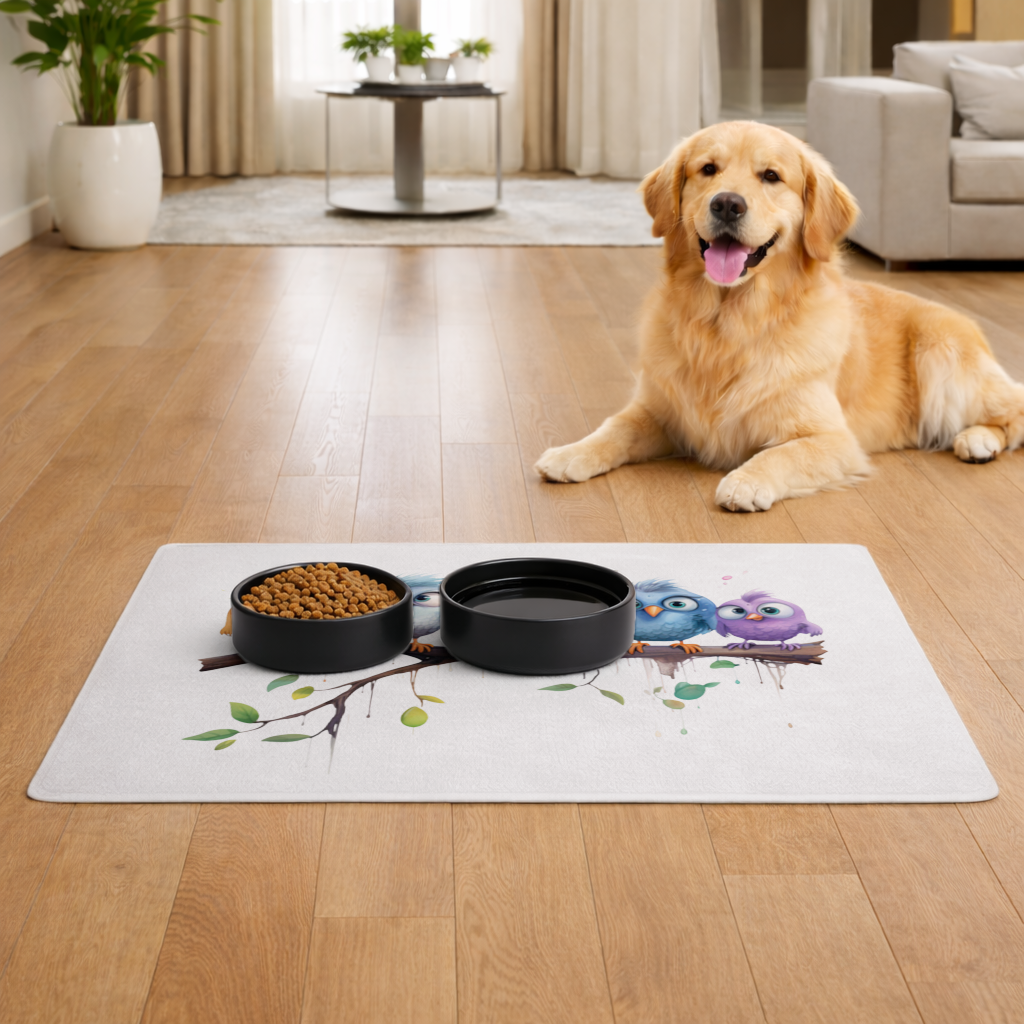 Five Colorful Kawaii Birds on Branch Pet Feeding Mat