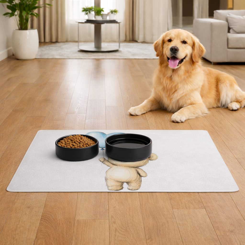 Cute Teddy Bear with Blue Heart Balloon Pet Feeding Mat