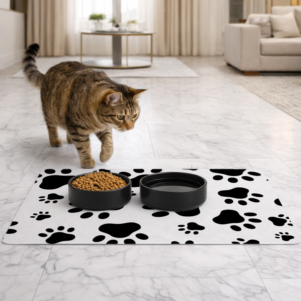 Black and White Paw Pattern Design Pet Feeding Mat