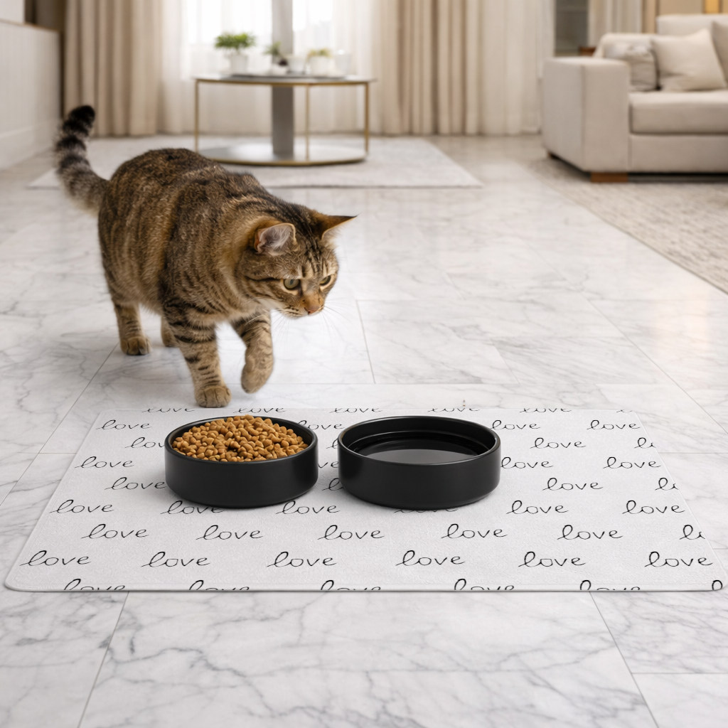 Minimal Black and White Love Text Pattern Design Pet Feeding Mat