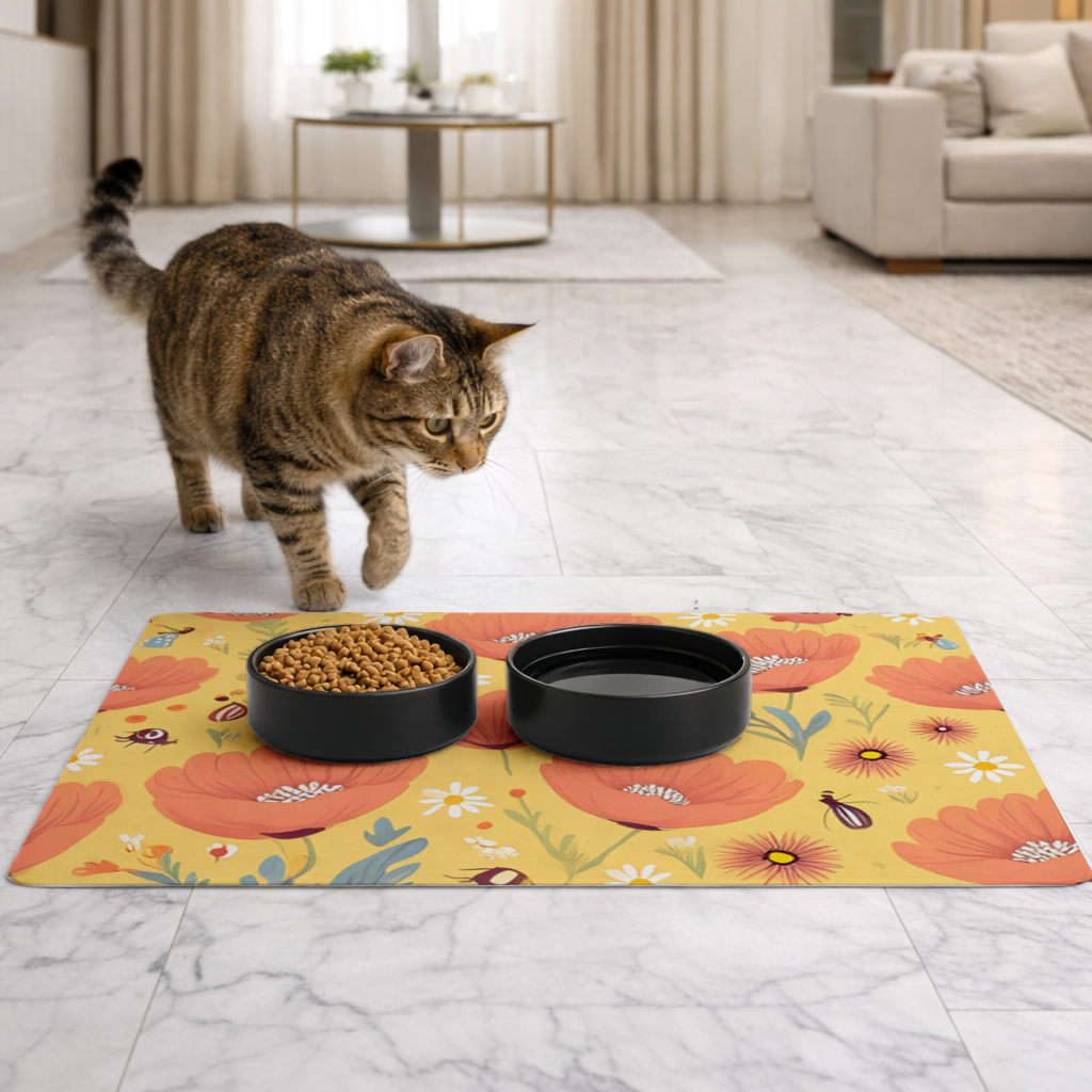 Çiçek ve Böcek Deseni Renkli Pattern Evcil Hayvan Besleme Matı