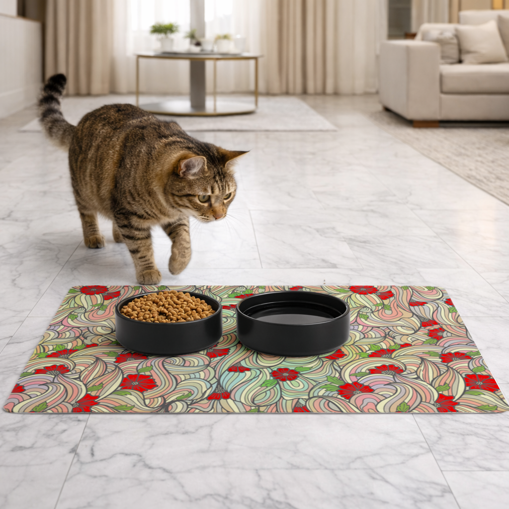 Floral Retro Wavy Pattern Pet Feeding Mat