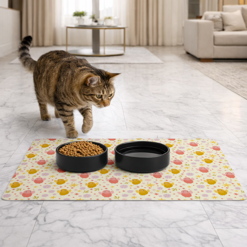 Cute Birds and Floral Pastel Spring Pattern Illustration Pet Feeding Mat