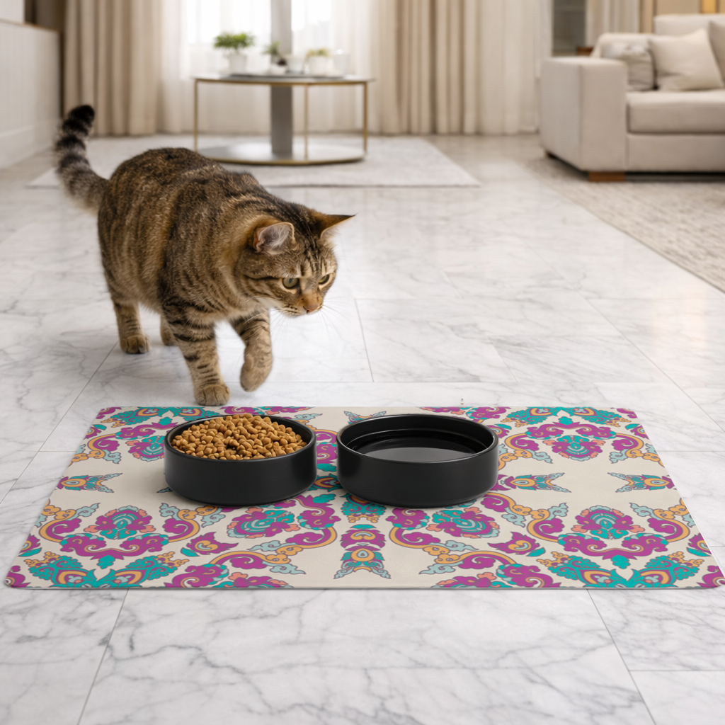 Renkli Oryantal Motifli Simetrik Mandala Deseni Evcil Hayvan Besleme Matı