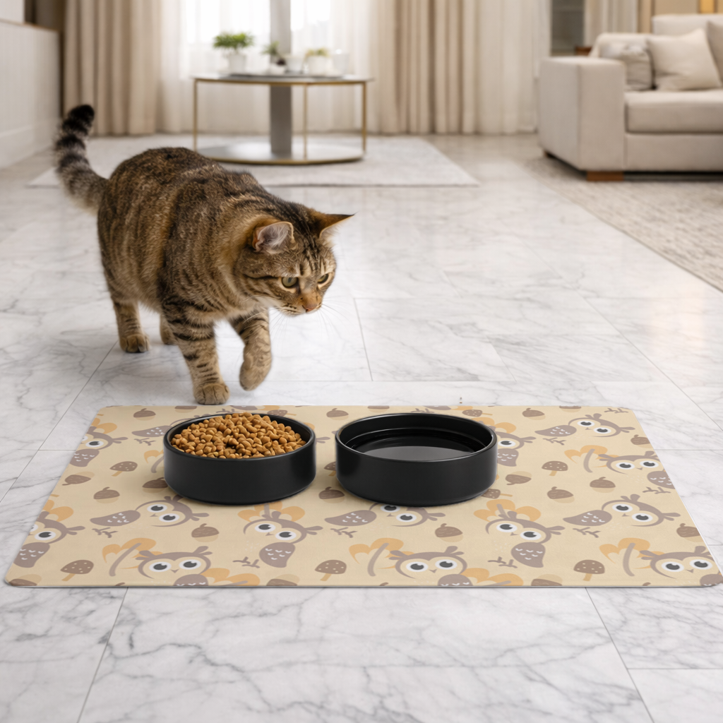 Sevimli Baykuş ve Meşe Palamudu Desenli Sonbahar Teması Evcil Hayvan Besleme Matı