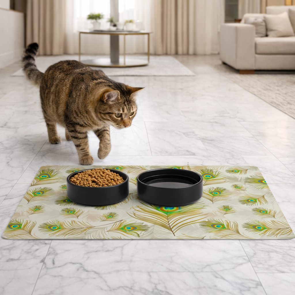 Elegant Peacock Feathers and Exotic Nature Seamless Pattern Pet Feeding Mat
