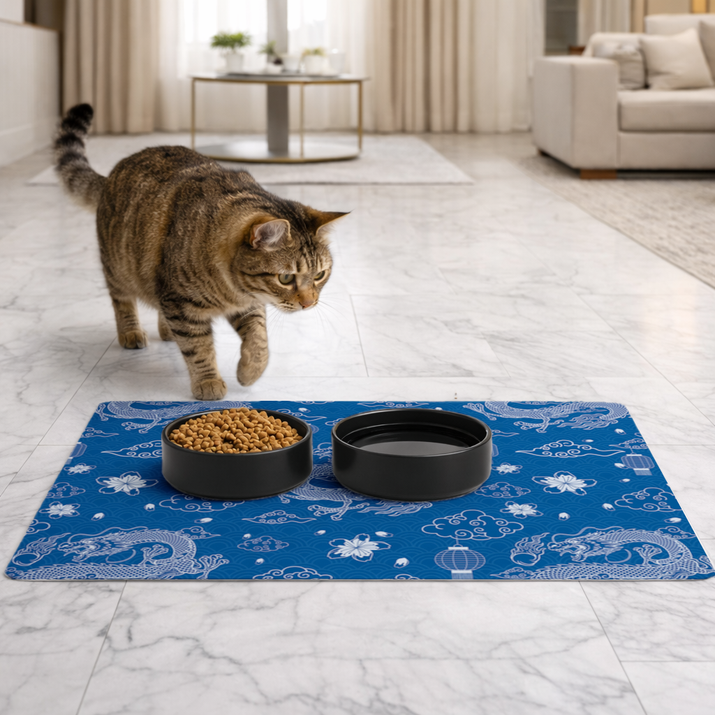 Traditional Dragon Pattern on Blue Background Pet Feeding Mat