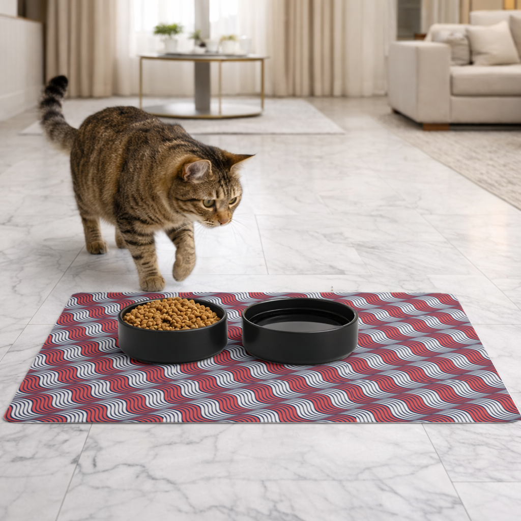 Red and Navy Wavy Line Pattern Pet Feeding Mat