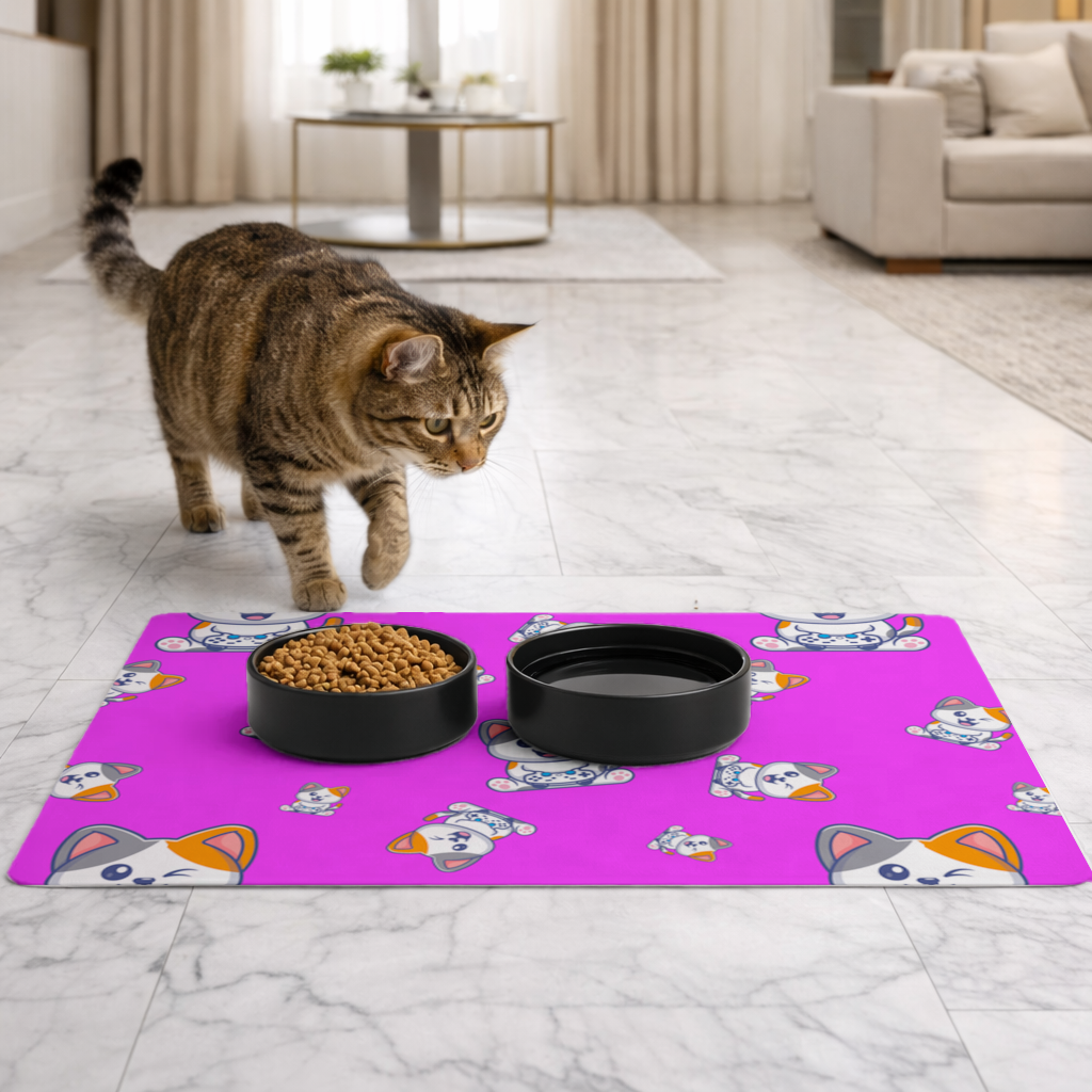 Pembe Zemin Üzerinde Sevimli Çizgi Kedi Deseni Evcil Hayvan Besleme Matı
