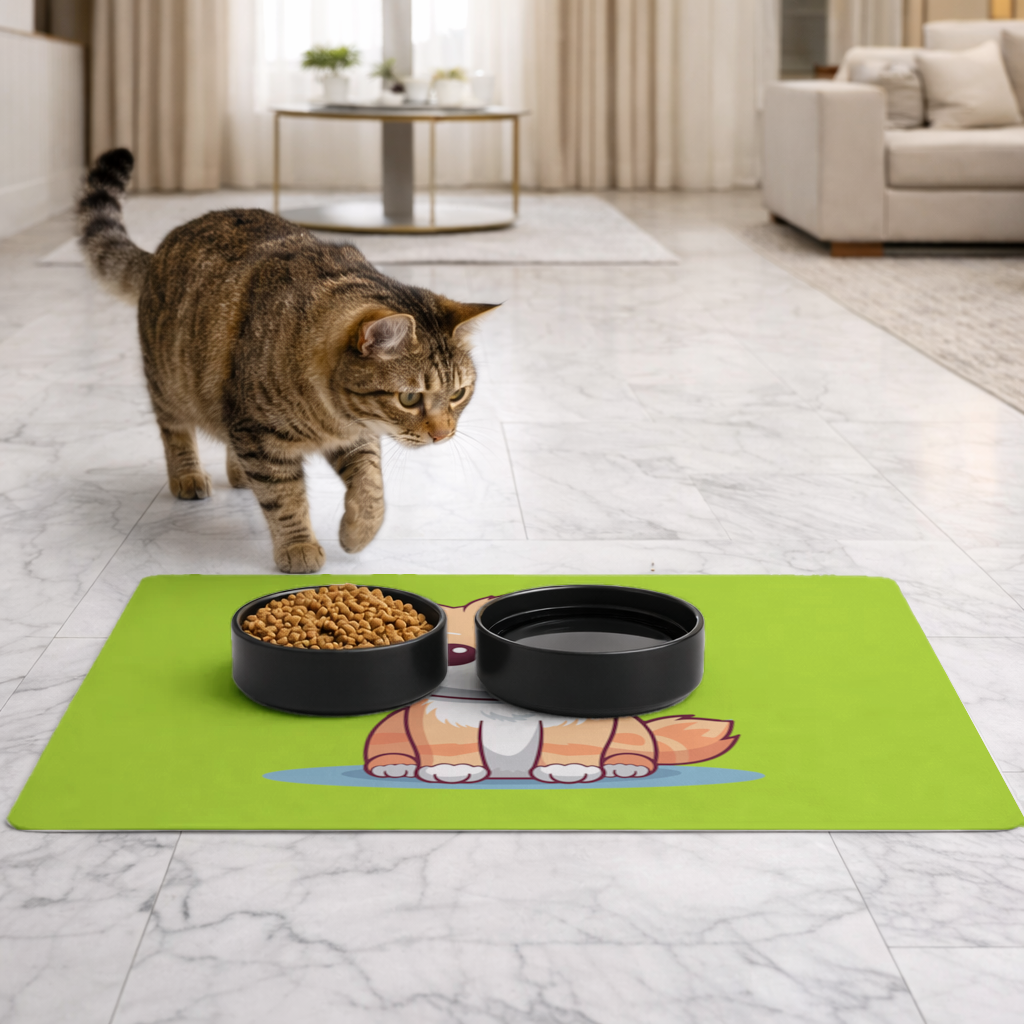 Sevimli Turuncu Kedi Çizimi Evcil Hayvan Besleme Matı