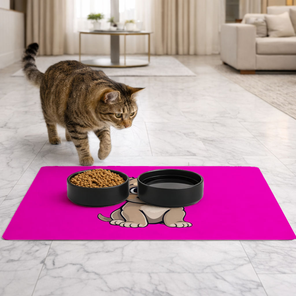 Pembe Arka Planlı Sevimli Köpek Çizimi Evcil Hayvan Besleme Matı