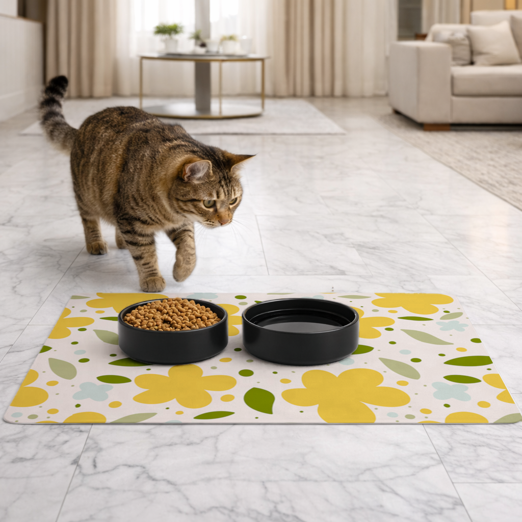Sarı Çiçekli ve Yapraklı Boho Tarzı Dikişsiz Desen Evcil Hayvan Besleme Matı